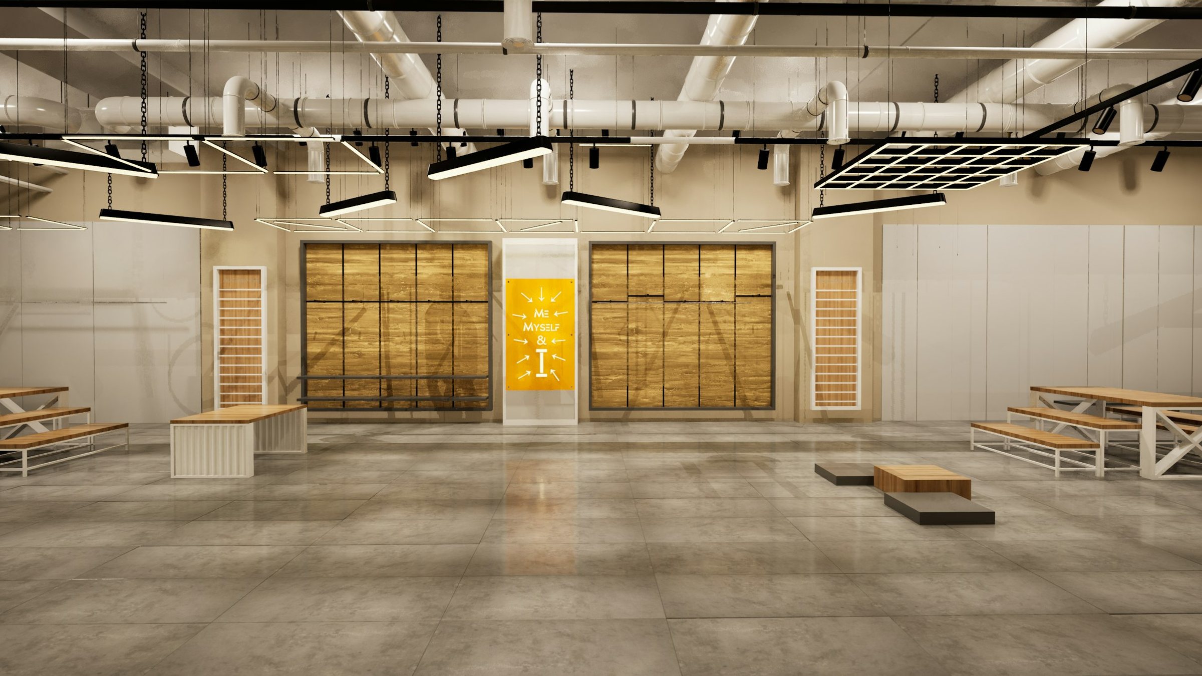 Lege hal met open plafond, klaar voor standbouw