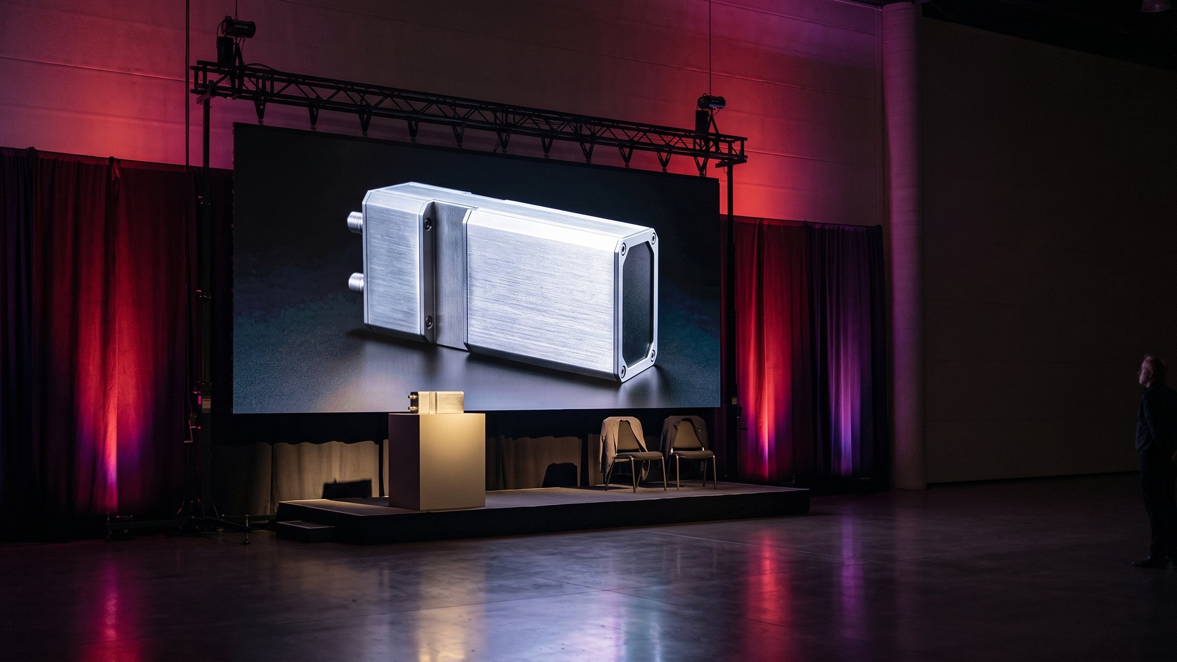 LED-wand op een podium in een donkere zaal